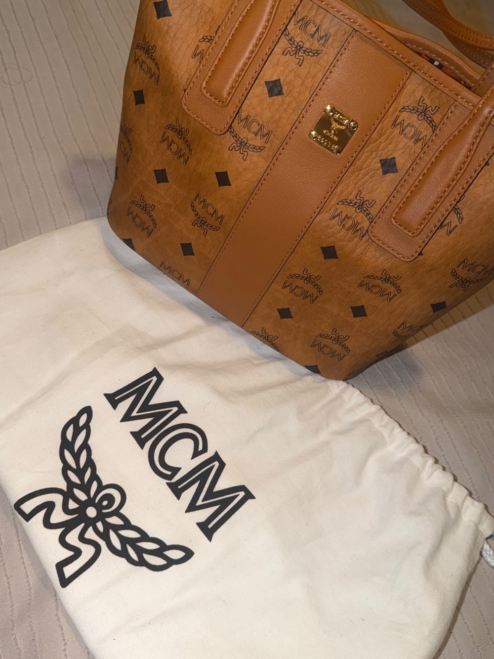 MCM Cognac Visetos Small Tote with Gold Plaque